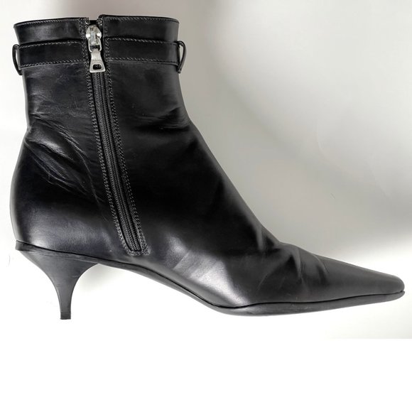 Prada | Black Leather Buckle Kitten Heel Boots - Picture 2 of 10
